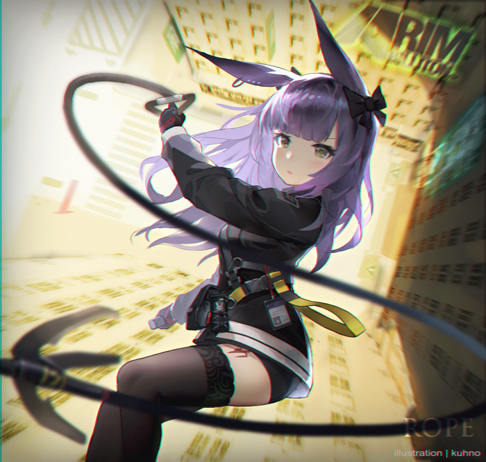 portrait display, animal ears, anime girls, Rope (Arknights), purple hair, black stockings, Kuhnowushi, anime, Arknights