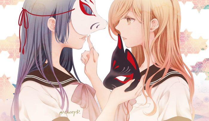 Sheepd, portrait, mask, school uniform, 2D, anime girls, yuri, digital art, artwork, anime