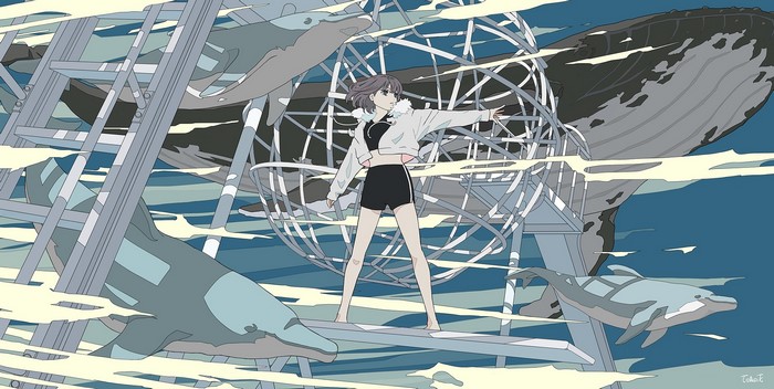 shorts, anime girls, digital art, open jacket, Seraphitalg, 2D, crop top, portrait, artwork, short hair, whale, anime