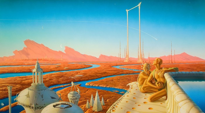 artwork, river, aliens, planet, science fiction, space, landscape, fantasy art, sky, painting