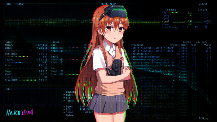To aru Majutsu no Index, Misaka Imouto, bpytop, MISAKA 10032, To Aru Kagaku no Railgun, Matrix, Misaka Sister, anime girls, Linux