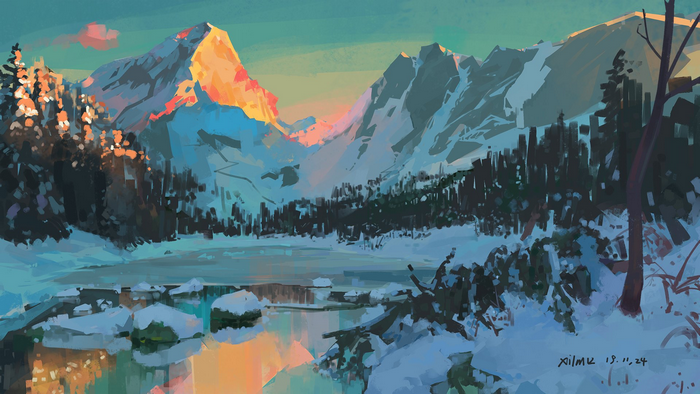 XilmO, anime, winter, mountains, landscape