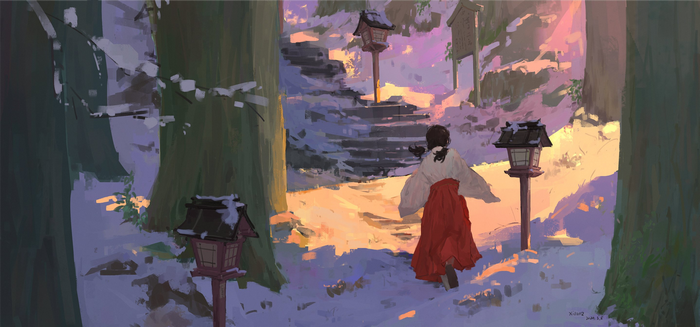 anime girls, lantern, original characters, snow, anime, winter, XilmO, miko