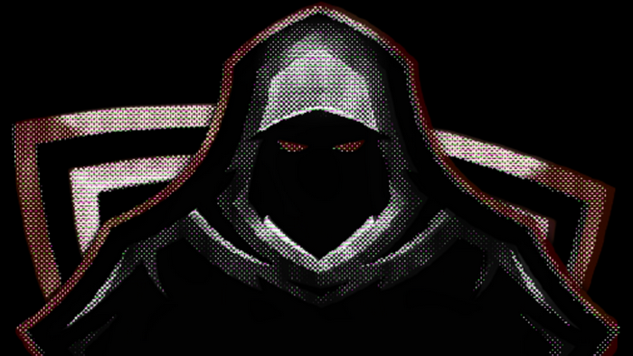 video game art, simple background, video games, hoods, Outlaw, e-sports, PC gaming, red eyes, black background