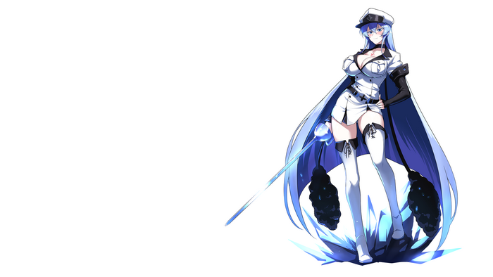 anime girls, short skirt, thighs, long hair, thigh high boots, thick thigh, zettai ryouiki, simple background, Akame ga Kill!, Halcon, anime, Esdeath (Akame Ga Kill!), miniskirt