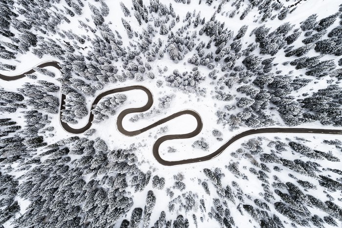winter, road, forest, 500px, nature, snow, Topdown View