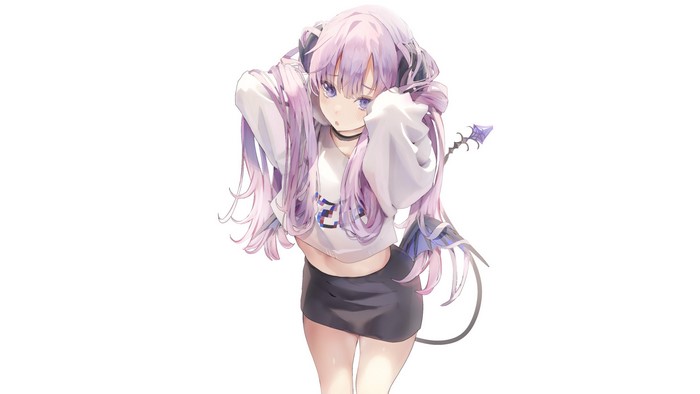 wings, Iijima Masashi, anime girls, horns, demon girls, purple hair, original characters, miniskirt, tail, purple eyes, anime
