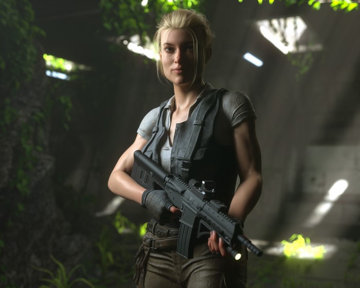 3D Digital Art of Blonde Woman with Assault Rifle