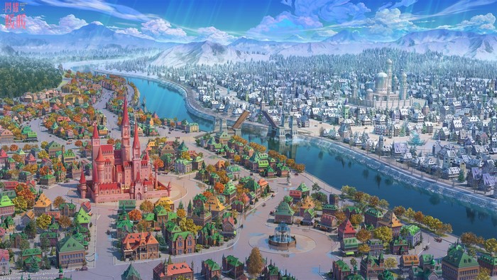 river, mountains, cityscape, digital art, castle, artwork