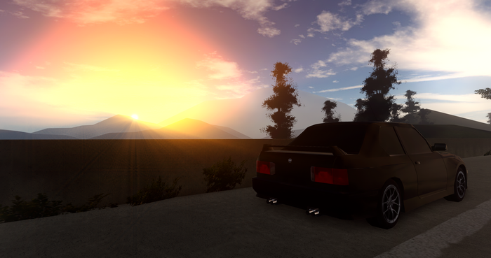 traffic barrier, mountains, Bmw E30 m3, Roblox, sunset, Pacifico (Roblox Game), trees, clouds, highway