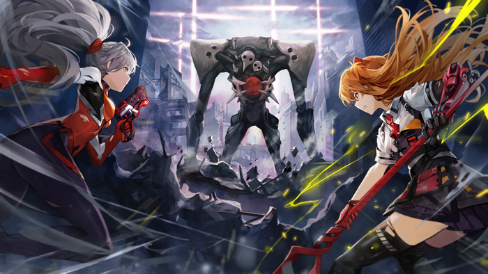 spear, thigh-highs, Sachiel (Evangelion), gun, portrait, anime, Kiana Kaslana (Herrscher of the void), 2D, Goomrrat, miniskirt, anime girls, artwork, Asuka Langley Soryu, Neon Genesis Evangelion, Honkai Impact, digital art, bodysuit, Honkai, Kiana Kaslana, Honkai Impact 3rd
