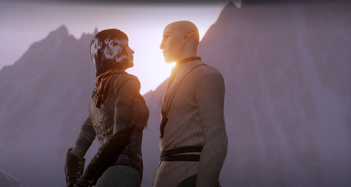 video games, RPG, fantasy girl, couple, Inquisitor, PC gaming, Solas, Dragon Age: Inquisition, fantasy men, Dragon Age, sunlight