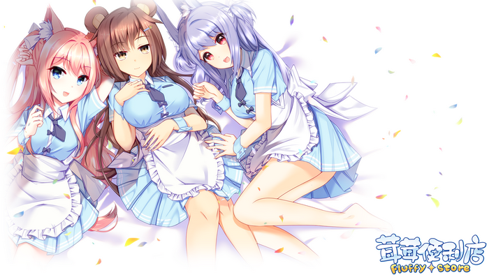 women trio, looking at viewer, yellow eyes, blue eyes, animal ears, brunette, pink hair, red eyes, anime girls, anime games, tie, purple hair