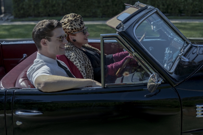 David Corenswet and Holland Taylor in a convertible