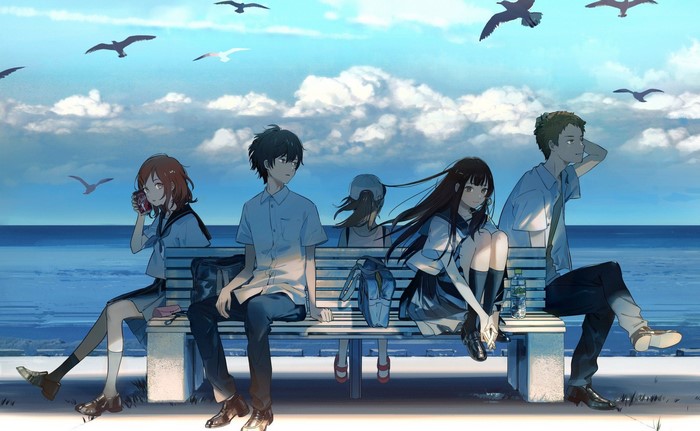 Hyouka Anime Characters Sitting on Bench Outdoors