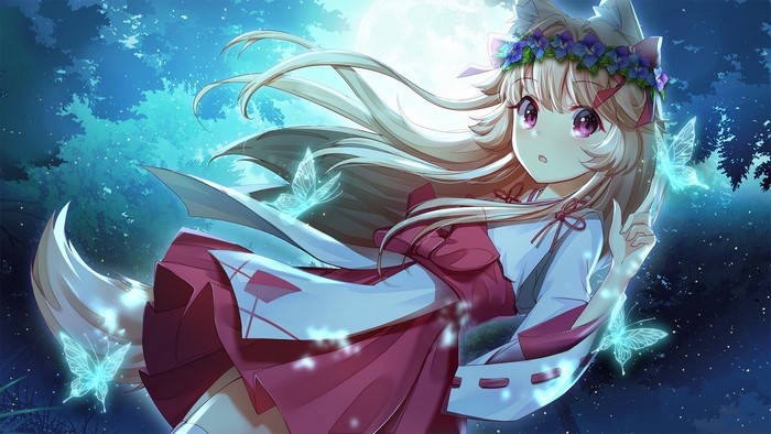 brunette, tail, purple eyes, animal ears, Moon, fox girl, anime girls, miko, butterfly, anime, night