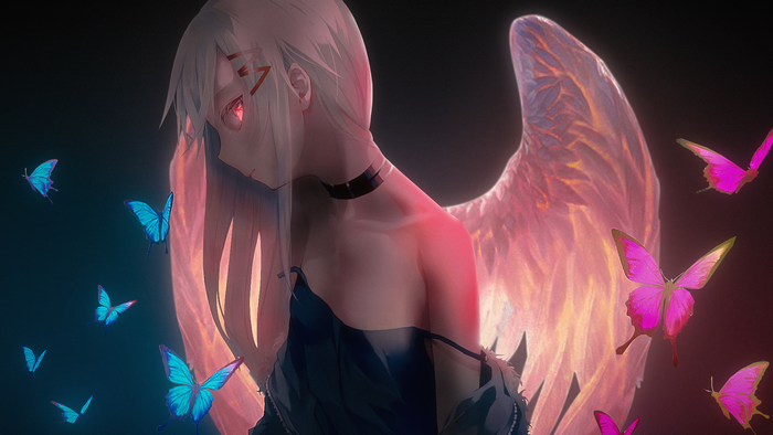 butterfly, bare shoulders, white hair, wings, pink eyes, color correction, anime girls