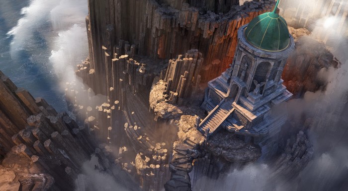 artwork, digital art, temple, mountains