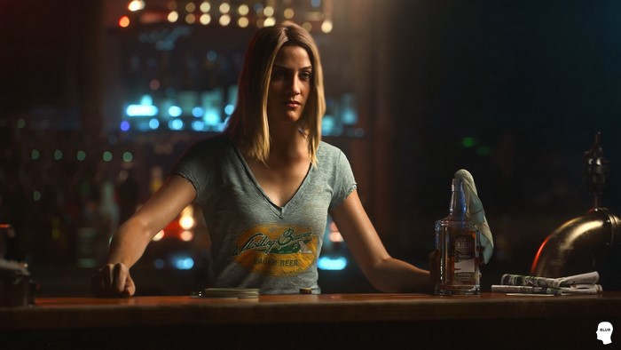 Mary May, video game girls, digital painting, digital art, bar, short hair, video game characters, ArtStation, video games, Far Cry 5, screen shot, artwork, blonde, Far Cry, looking at the side, looking into the distance, FarCry 5, women, fan art, T-shirt, alcohol, Andrew Averkin, blue t-shirt