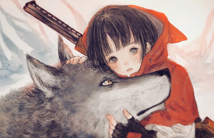 gun, looking at viewer, gloves, anime, tears, short hair, dark hair, red jackets, wolf, black eyes, Little Red Riding Hood, anime girls