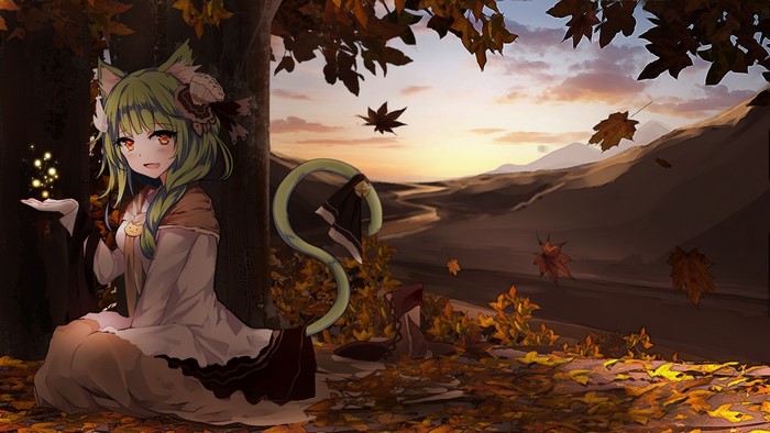 fall, landscape, cat girl, green hair, smiling, anime girls, animal ears, BBA1985, tail