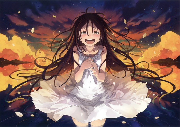 brunette, clouds, petals, water, dress, Morino Hon, sunset, crying, sun dress, anime girls, tears, long hair, sky
