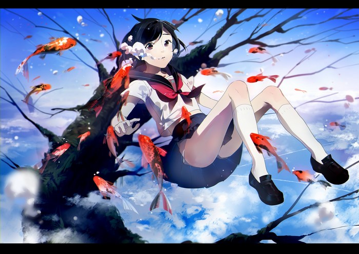 Rosele, school uniform, anime girls, fish, underwater, black hair