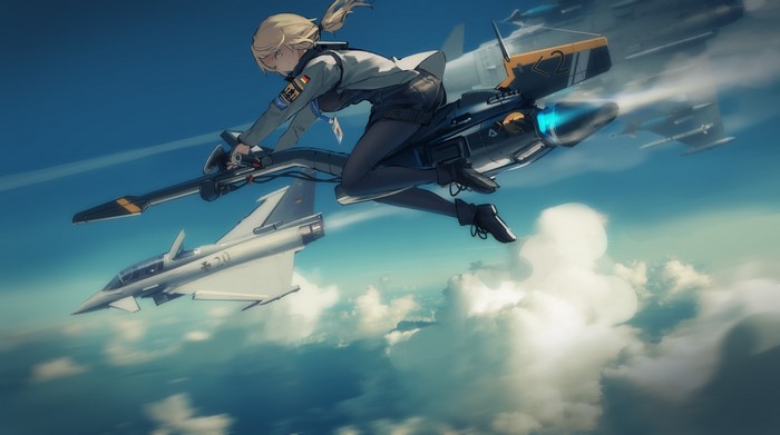 blonde, anime girls, aircraft, sky, Renatus Z