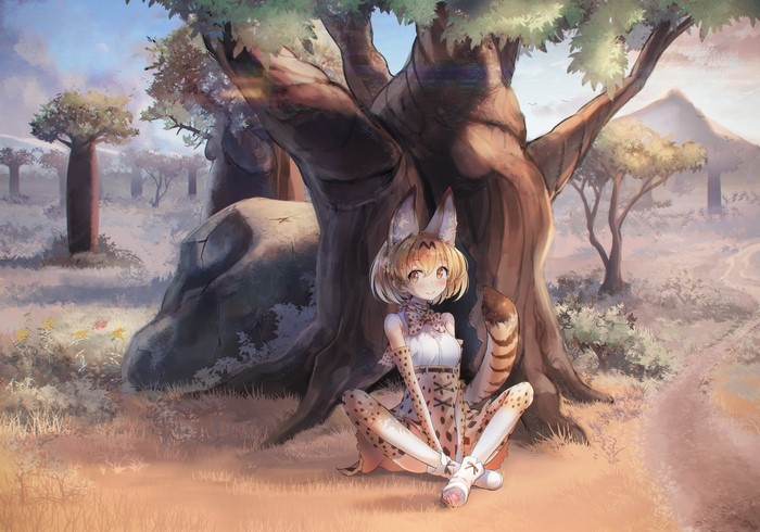 animal ears, Kemono Friends, Serval (Kemono Friends), smiling, anime girls