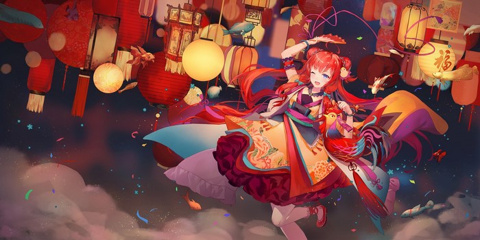 long hair, anime girls, hand fan, blue eyes, dress, smoke, fish, Criin, redhead, Chinese clothing, sky lanterns
