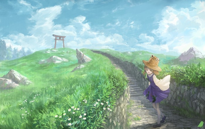 landscape, You Shimizu, anime, anime girls, Moriya Suwako, torii, Touhou