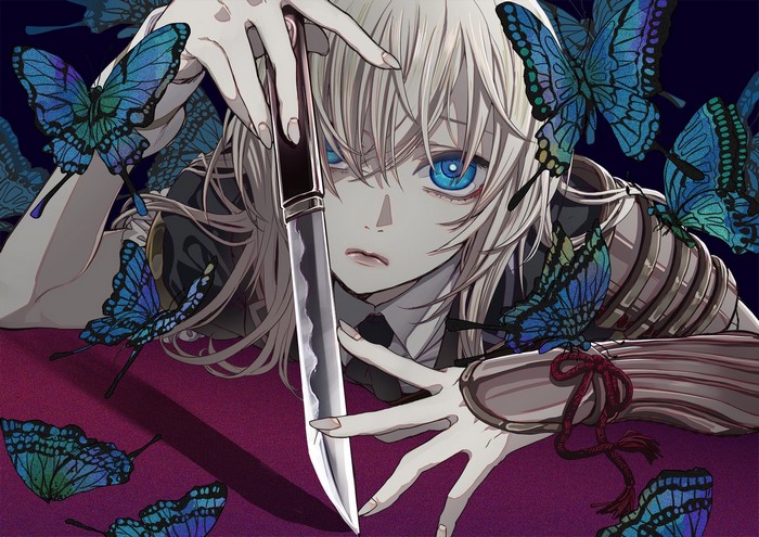 blue eyes, butterfly, anime boys, knife, Touken Ranbu