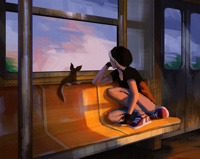 Karolina Wiśniewska, on bench, digital art, by the window, sitting, digital painting, drawing, artwork, women, ArtStation, fox