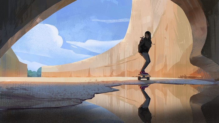 digital painting, drawing, ArtStation, women, artwork, reflection, skating, digital art, Karolina Wiśniewska, skateboard