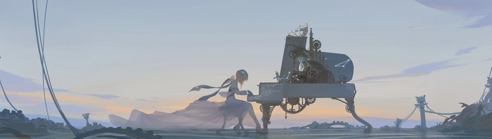 4K, piano, daylight, video game art, clouds, anime girls, void_0, Genshin Impact, Lumine (Genshin Impact), dress, digital art, sky, Paimon, architecture, ultrawide, pianists, video games