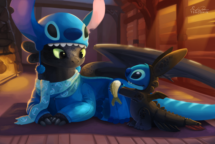 Toothless and Stitch in Crossover Costumes