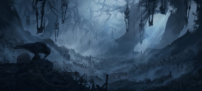 fantasy art, skull, spooky, artwork, corpse, ArtStation, bones, birds