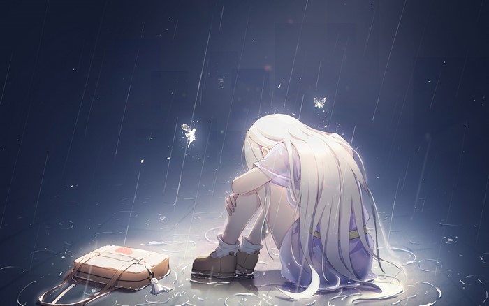 anime, city lights, anime girls, blonde, long hair, shoes, fairies, holding knees, bag, rain