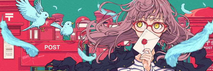 4K, black nails, anime, yellow eyes, ultrawide, black shirt, glasses, feathers, looking away, mailbox, birds, letter, long hair, anime girls, pink hair