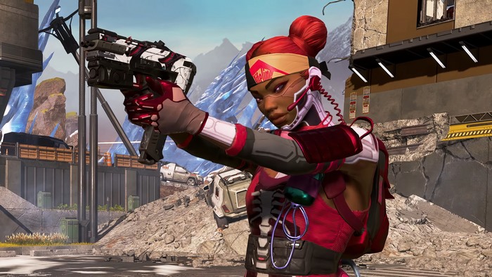 Lifeline aiming a gun in Apex Legends