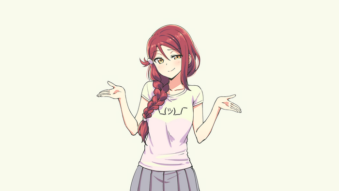 smirk, Love Live Series, blushing, paxiti, simple background, Sakurauchi Riko, Love Live! Sunshine, yellow eyes, anime, T-shirt, Love Live!, redhead, anime girls, fan art, long hair, skirt, digital art