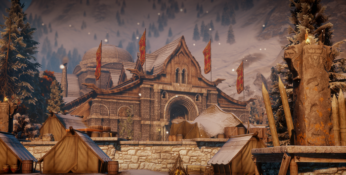 Skyhold, video games, PC gaming, Dragon Age: Inquisition, RPG, mountains, red, orange, Dragon Age, building