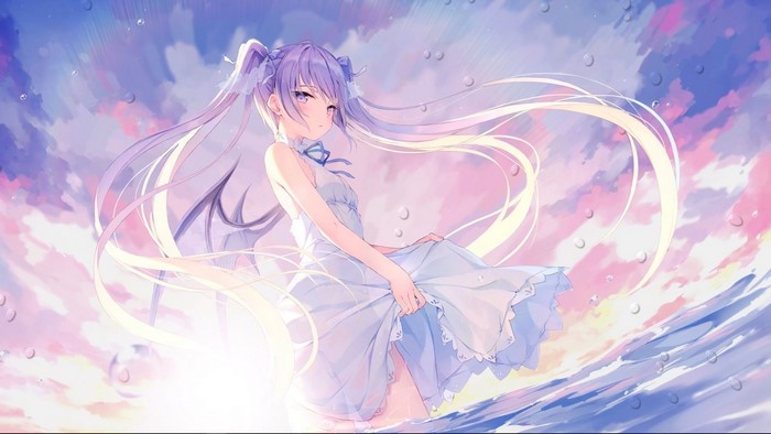 dress, anime girls, long hair, Rurudo, wings, twintails, sun dress, lifting dress, purple eyes, water, purple hair, artwork