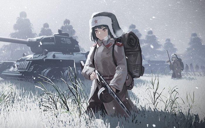 military, tank, ushanka, USSR, war, uniform, Soviet Army, PPSh-41, winter, anime girls