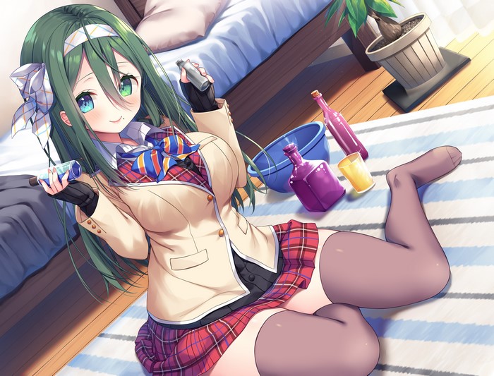 4K, smiling, schoolgirl, thigh-highs, green hair, anime girls, black stockings, heterochromia, school uniform, asa no ha