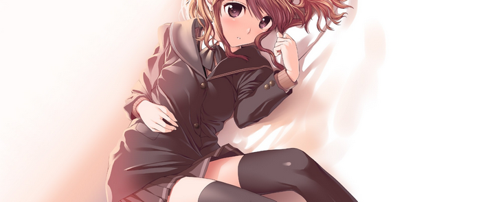 Nakata Sae, school uniform, brunette, thigh-highs, Amagami SS, anime girls, brown eyes, lying on side, in bed