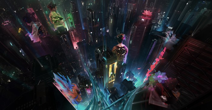 4K, city lights, futuristic, science fiction, screen shot, hologram, artwork, David Bocquillon Carrasco, futuristic city