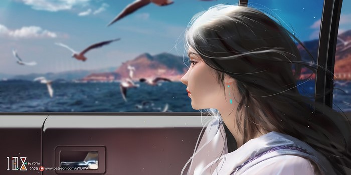anime girls, window, original characters, landscape, Ydiya Kai