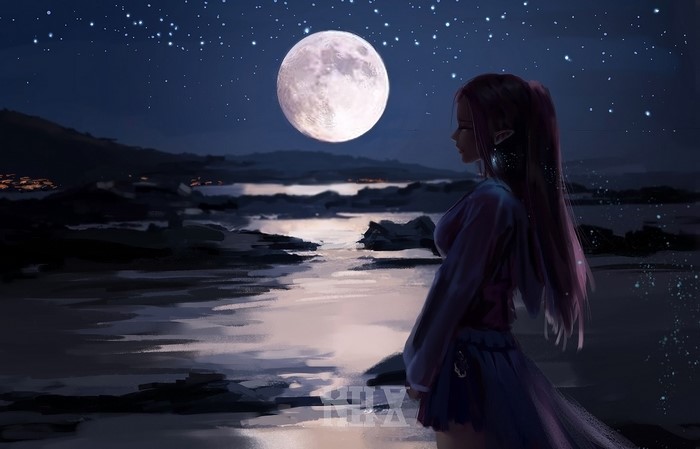 long hair, digital art, river, Moonset, Ydiya Kai, fantasy girl, elf ears, fantasy art, night, elves, stars