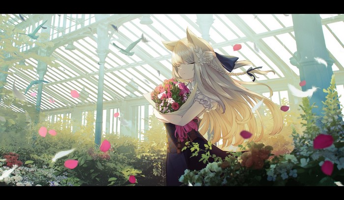 anime, dress, birds, 2D, sagiri (ulpha220), portrait, blonde, flowers, closed eyes, anime girls, animal ears, digital art, artwork